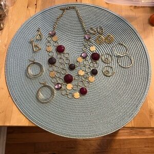 Purple Goldtone Statement Necklaces with Circle Earrings- 8 pieces